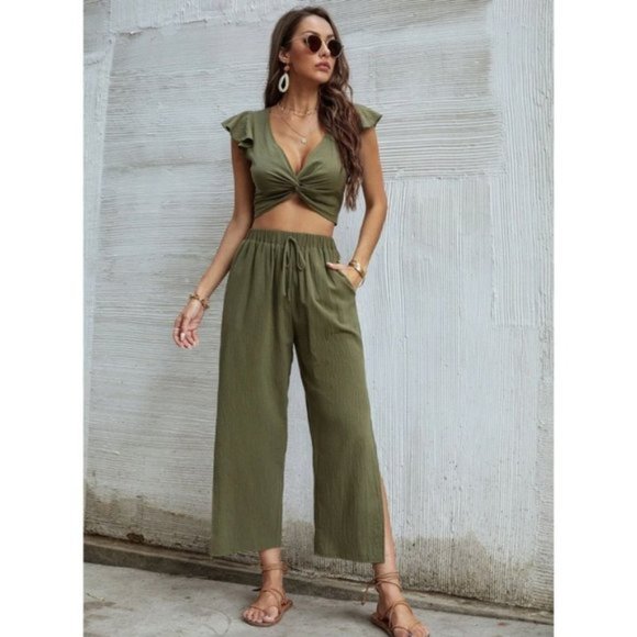 Pants - Ruffle Trim Twist Top With Pants